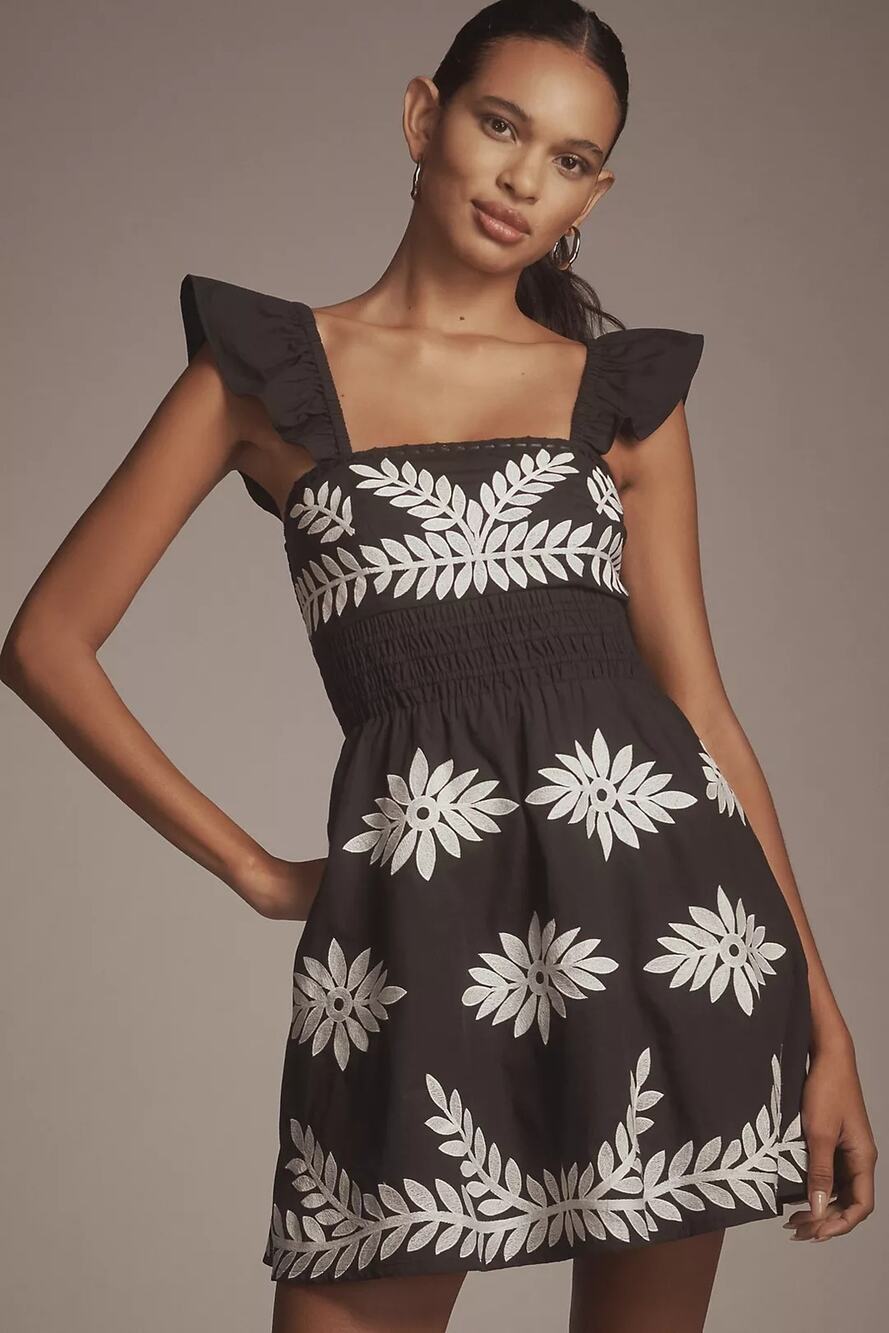 New Anthropologie Ruffle-Strap Embroidered Smocked Mini Dress $178 X-LARGE Black